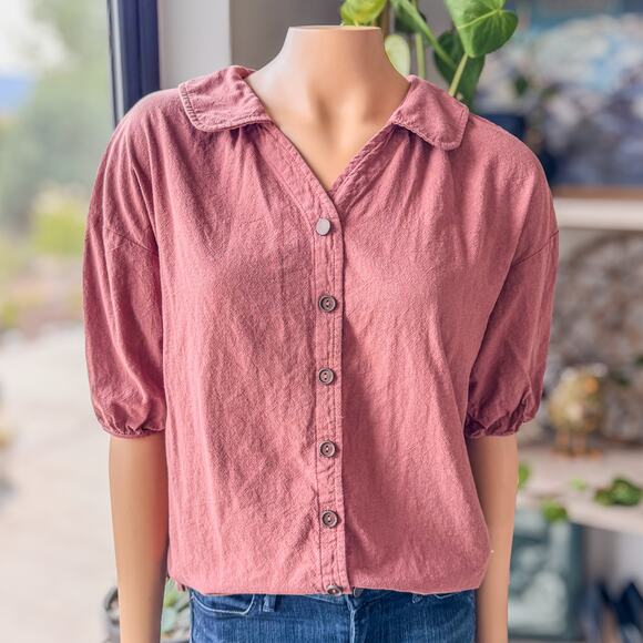 Dazy, Women's Medium, Solid Button Front Shirt Bishop Sleeves, Rusty Brown Rose - Picture 1 of 8